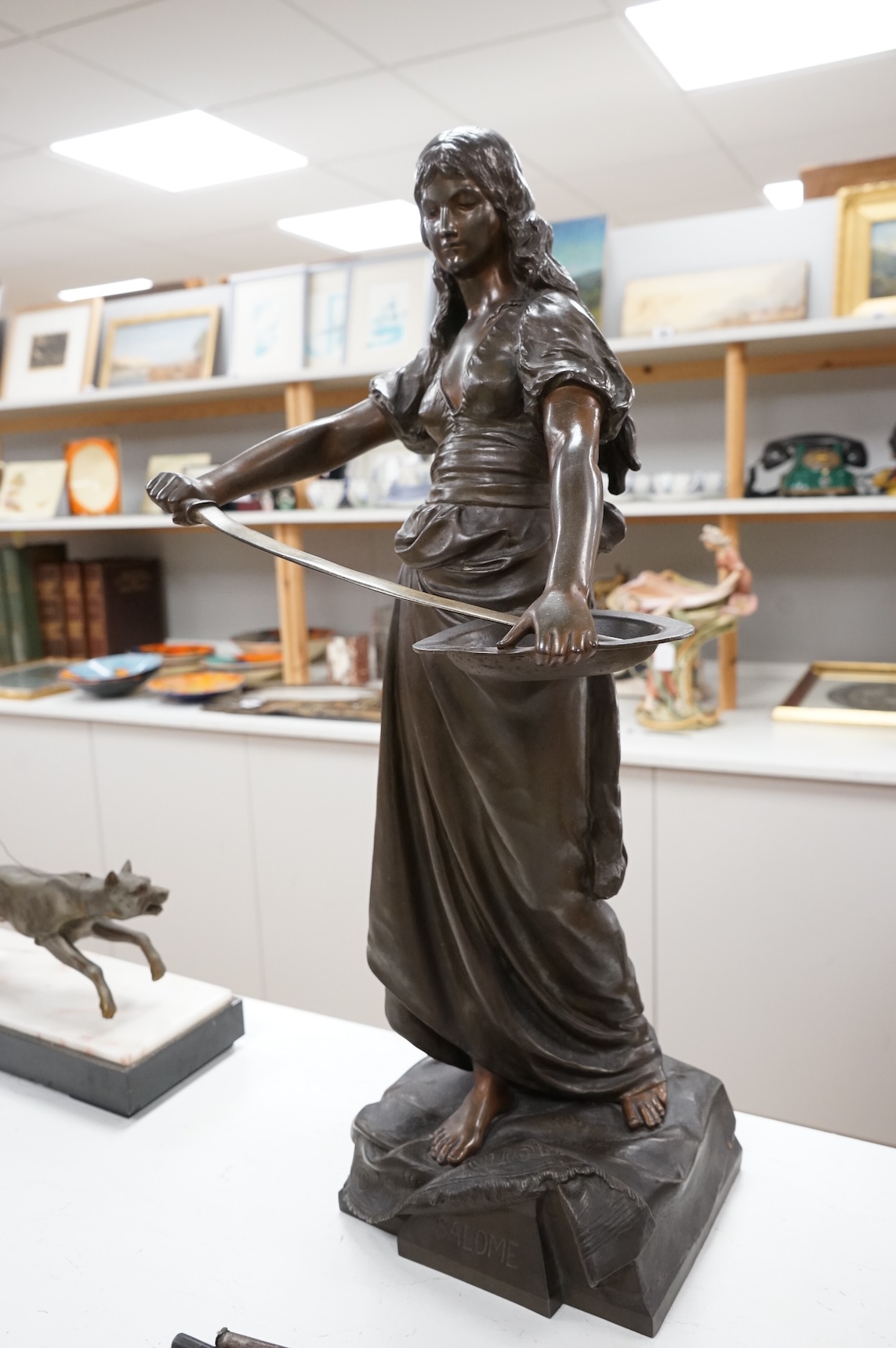 A large French patinated spelter figure of Salome, late 19th century, 75cm high